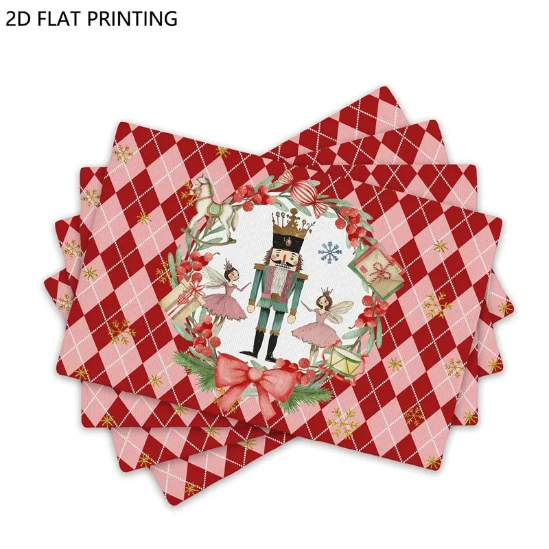 VIKAMA Christmas Linen Placemat, Nutcracker Ballerina Argyle, Machine Washable Heat Resistant, Holiday Kitchen