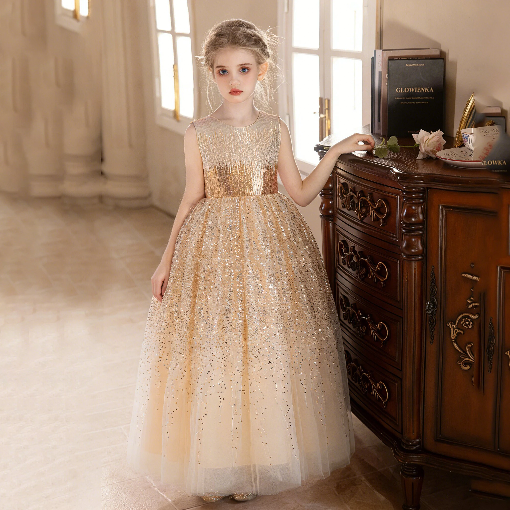 Luxury Sequin Bridesmaids Party Girls Dresses Elegant Bow Birthday Wedding Princess Prom Dress Girl Gala Pageant Evening Costume