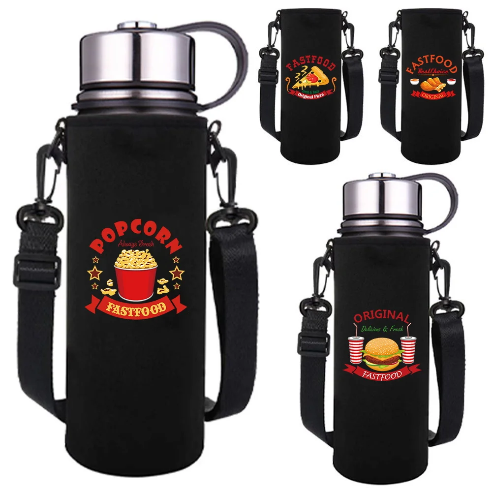 

550-1500ML Insulated Water Bottle Sleeve Adjustable Strap Food Print Portable Outdoor Water Bottle Carrier for Hiking,Travel