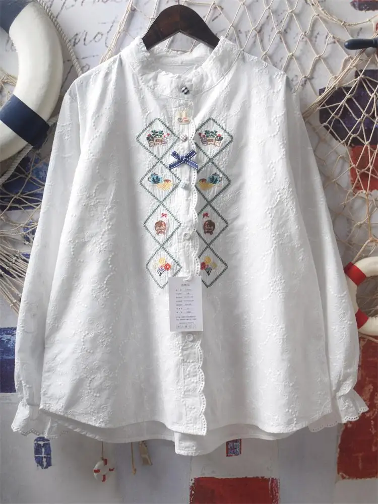 

Japanese Sweet Shirts Stand Neck Embroidery Single Breasted Blouses Preppy Style Tops All Match Design Women Clothing 2025 New