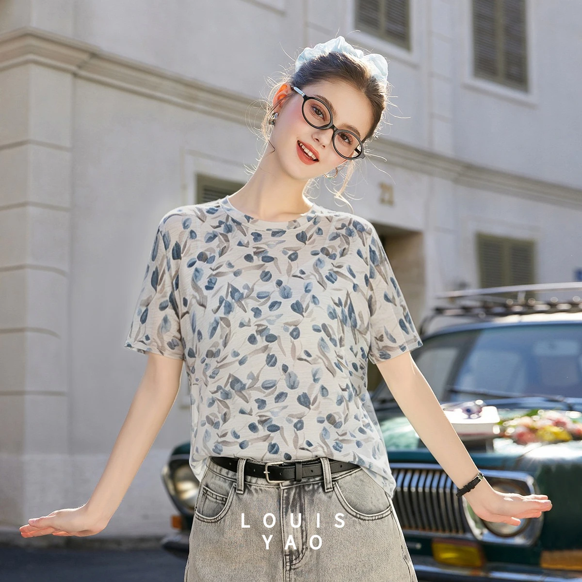 LOUISYAO 2026 Summer Vintage Women's Short Sleeve T-Shirt Crew Neck Allover Floral Print Stylish Casual Top