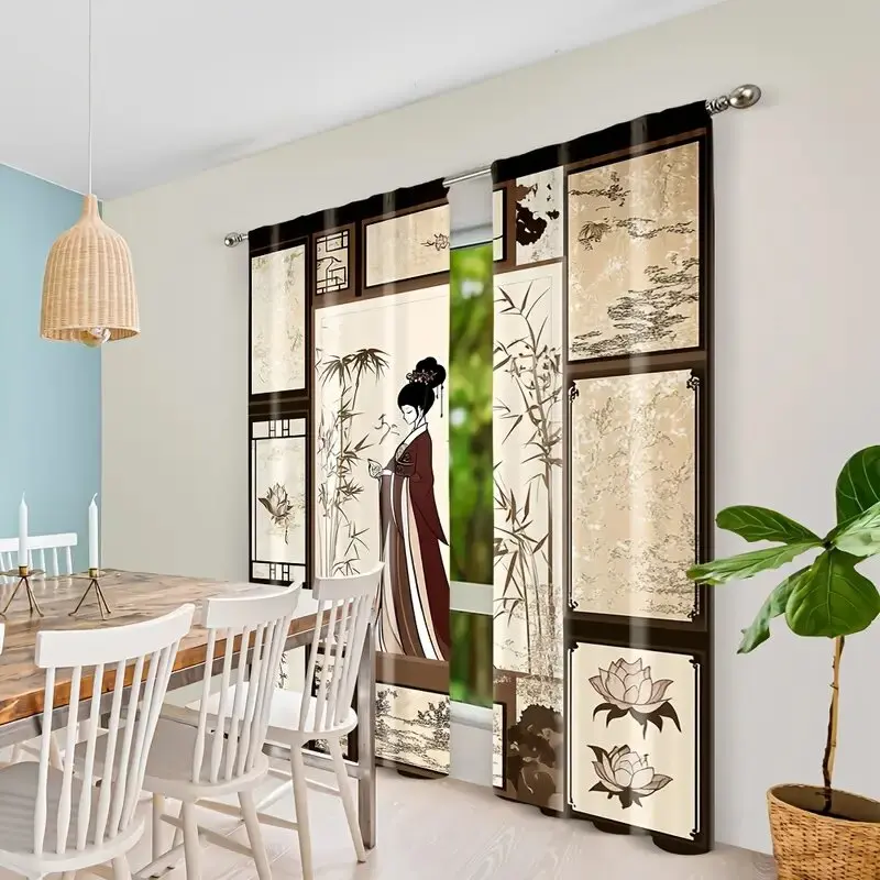 2pcs -Coffee-colored geisha, bamboo print curtains, pole bag curtains, home decoration, room decoration