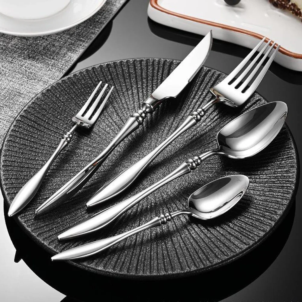 

5Pcs Silver Cutlery Set Stainless Steel 304 Tableware Mirror Knife Fork Spoon Dishwasher Safe Western Elegant Dinnerware Set