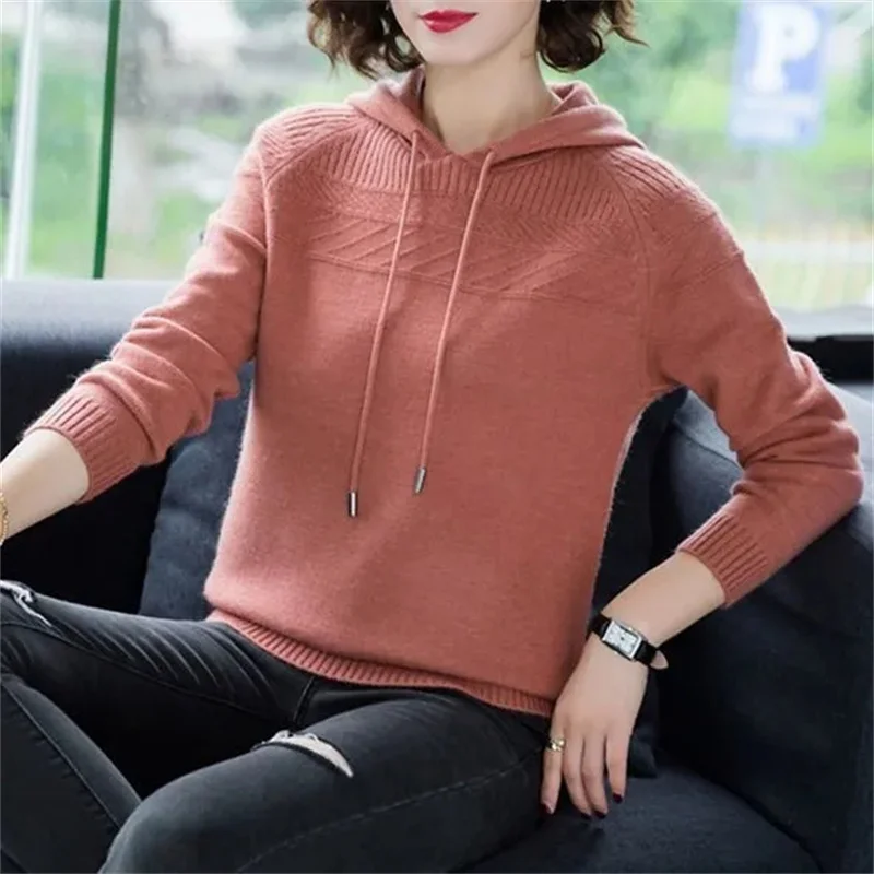 Ladies Loose Fit Hooded Knitting Women Fashion Versatile Solid Color Knitwear Spring Autumn Female Long Sleeved Pullover Sweater