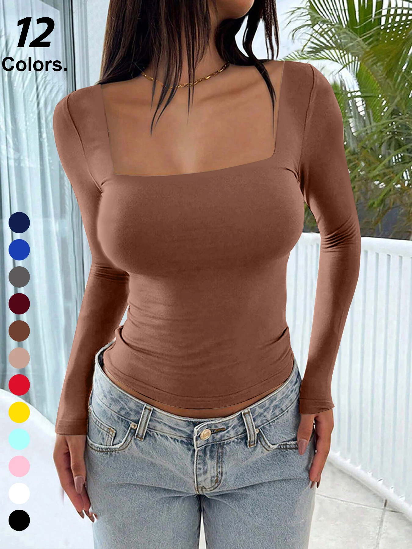 Herbst Neu Damen T-Shirt Streetwear Mode Langarm Lässig Schmal Vielseitig Damen T-Shirt Einfarbig Sexy Tiefer Ausschnitt Oberteile Kleidung – Detail 8