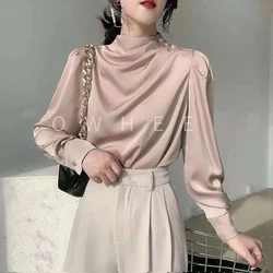 Satin Retro Elegant Chic Luxury Design Office Lady Business Casual Shirt Fashion Ruffle Solid Long Sleeve Tops Blouses For Women