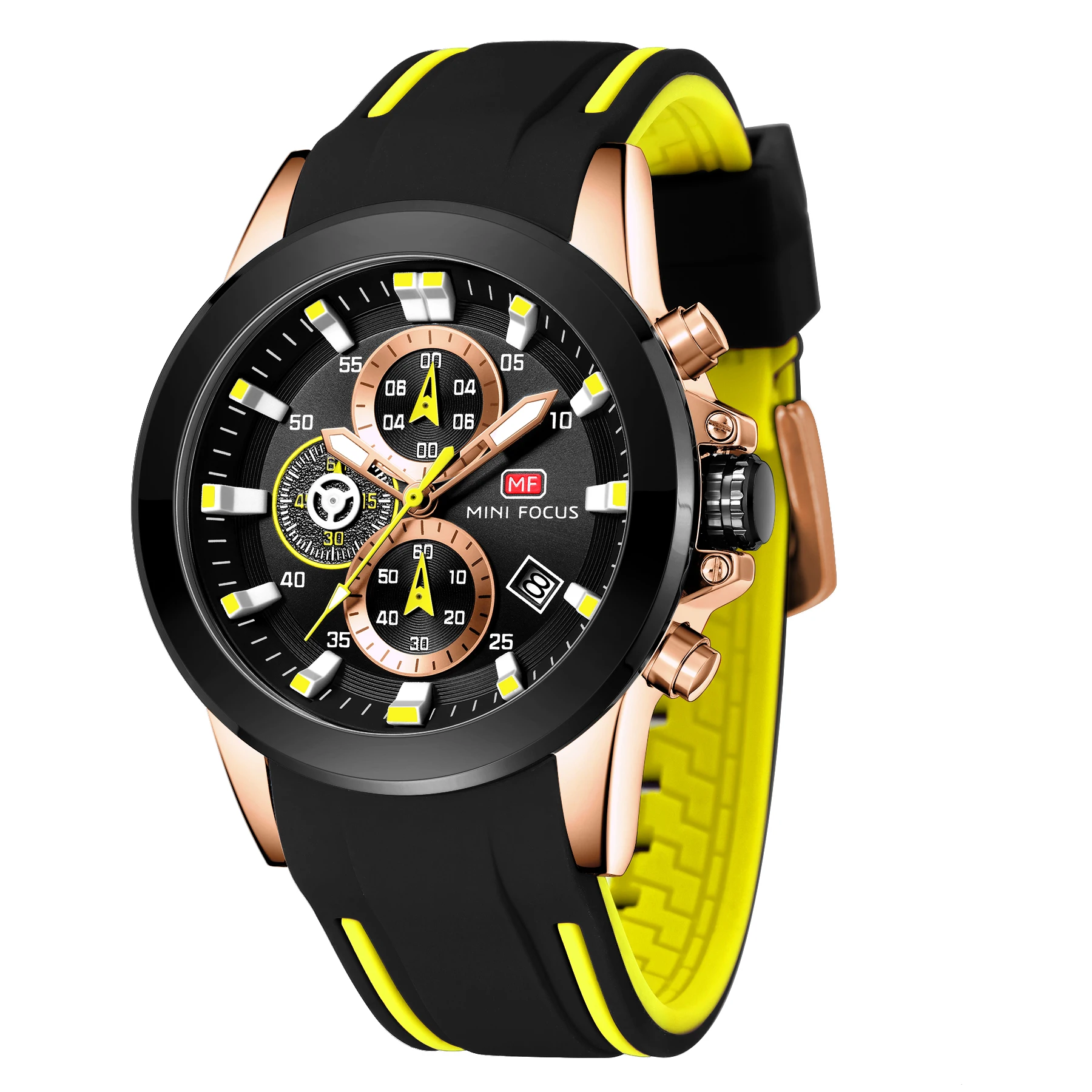 

Mini Focus MF0287G Sports Chronograph Watch Black Silicone Strap Waterproof Luminous Hands Men Quartz Watches