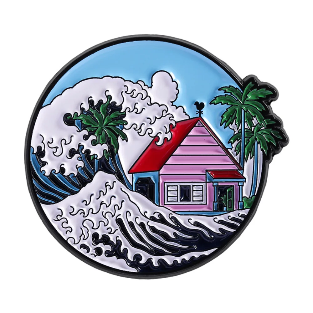Creative Seaside Scenery Circular Brooch Ocean Waves Coconut Trees House Elements Personalized Badges Pin on Clothing