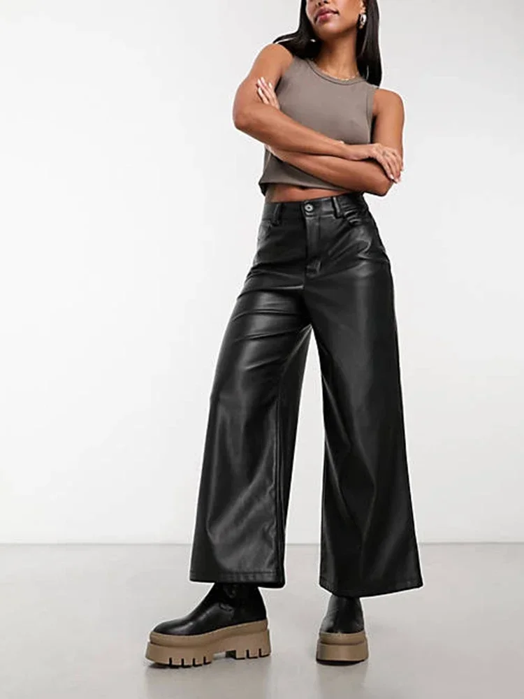 Women's Faux Matte Leather Pants, High Waist, PU, Vintage, Loose, Straight, Party, Ladies, Wide Leg, Cropped Pants, Clubwear