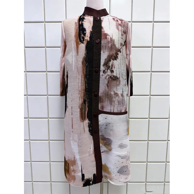 ミヤケ ニッチ ハイエンド ファッション コントラスト ラペル シングルブレスト プリント プリーツ ドレス レディース ルーズ ドレープ ロングスカート 2025 新作