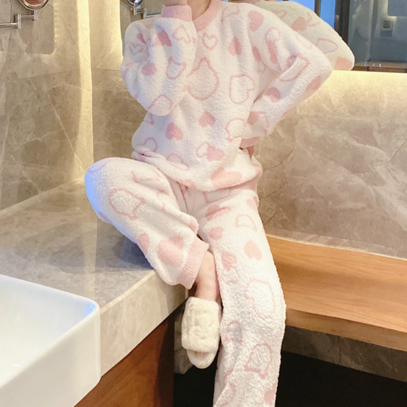 Japan Style Print Lovely Bear O Neck Pajamas Long Sleeve Pants Soft Loose Patchwork Homewear Suit Knit Sweet Casual Undrewear