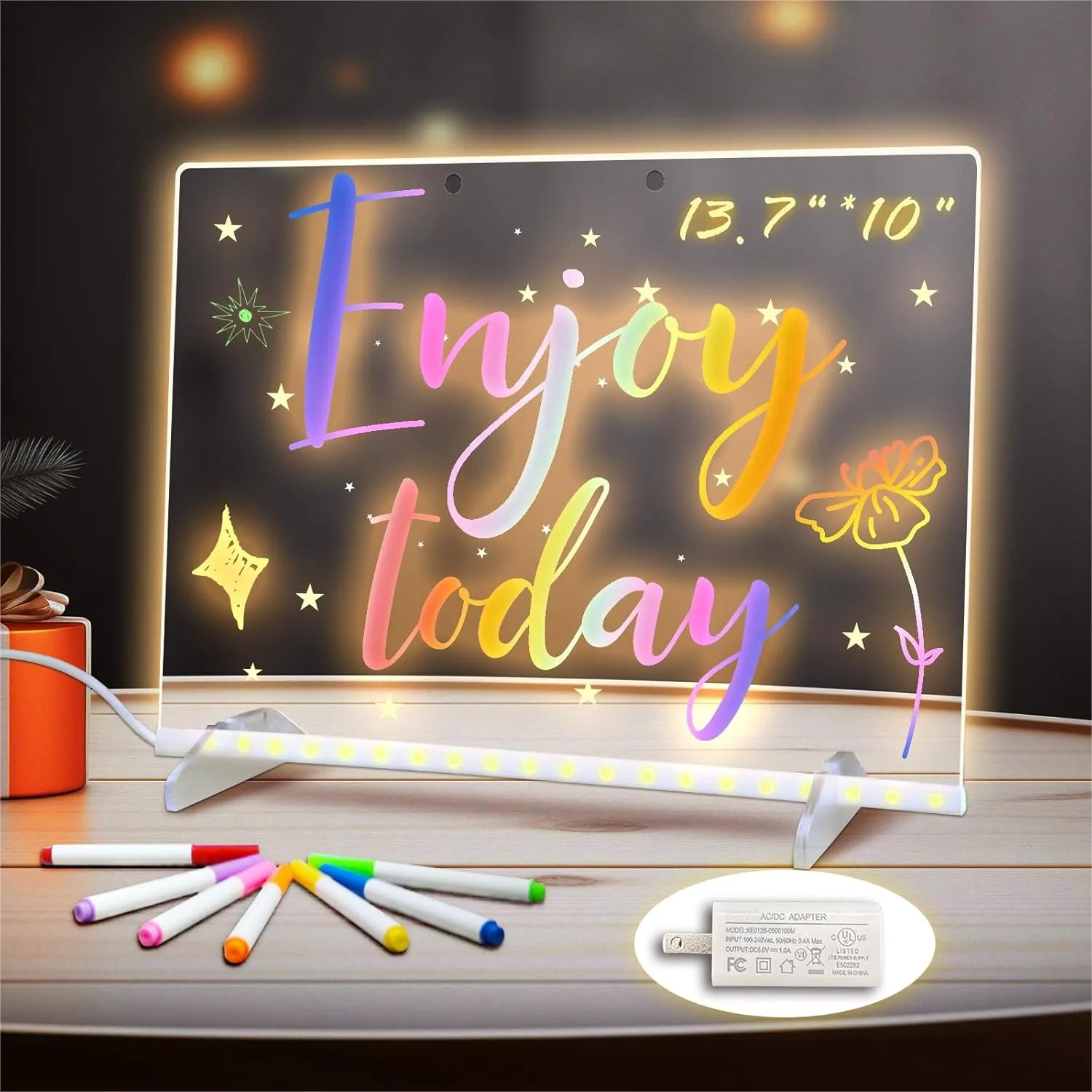 

LED Drawing Board for Kids 13.7x10in with 8 Colors 6 Modes Acrylic Dry Erase Board with Stand, Adapter, Chain, 7 Markers, Spray