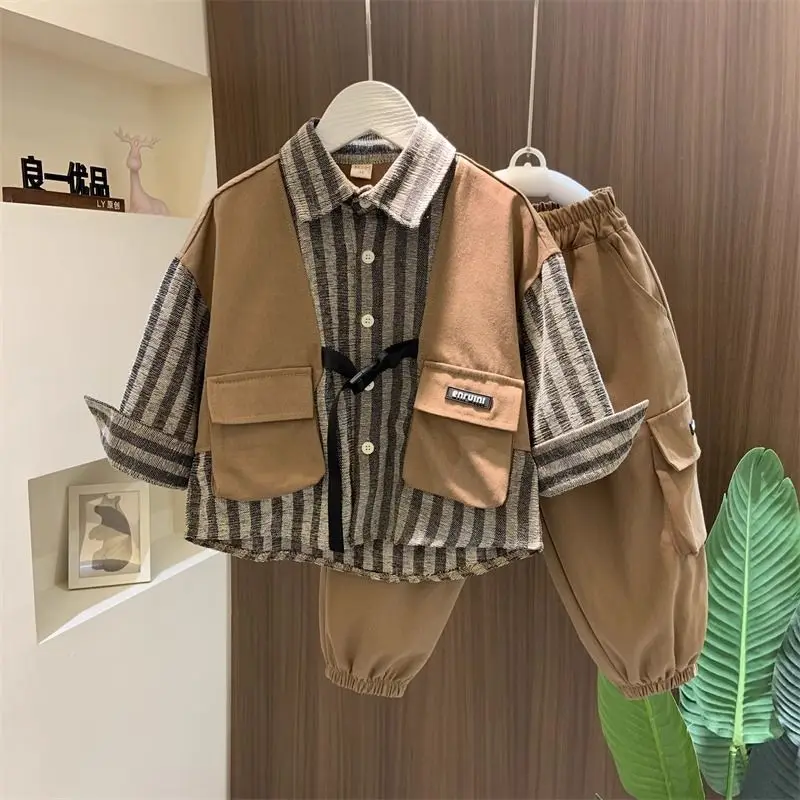 

Children's and Boys' Shirt Set Spring and Autumn New Collection Baby Fake Coat+Pants Two piece