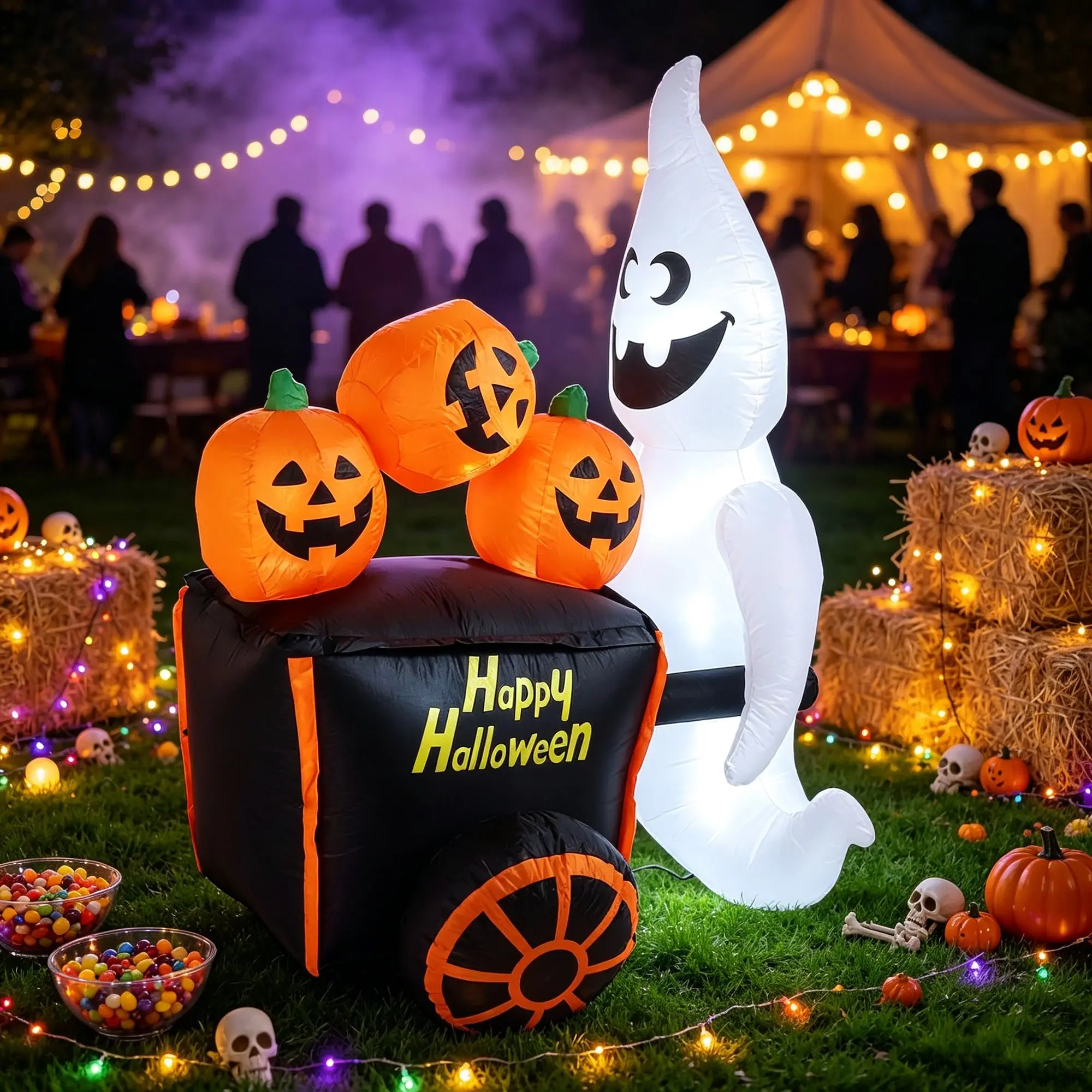 Halloween Inflatable Outdoor Decoration with LED Lights, Weather Resistant 210T Polyester Blow Up Decor with Blower, Ground