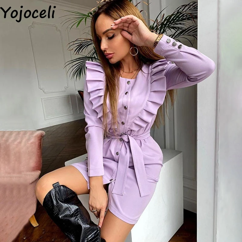 

Yojoceli Elegant big ruffle sashes women autumn dress Party casual button summer dress vestidos Chic high quality blazer dress