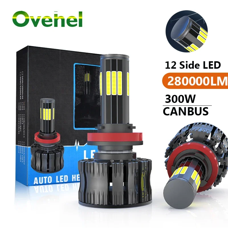 OVEHEL Car Light 12 Side 3D 360 300W 280000LM H8 H3 H7 H9 9006/HB4 9005/HB3 H4 H11 H1 H13 Led Headlight Bulb Car Light 12V