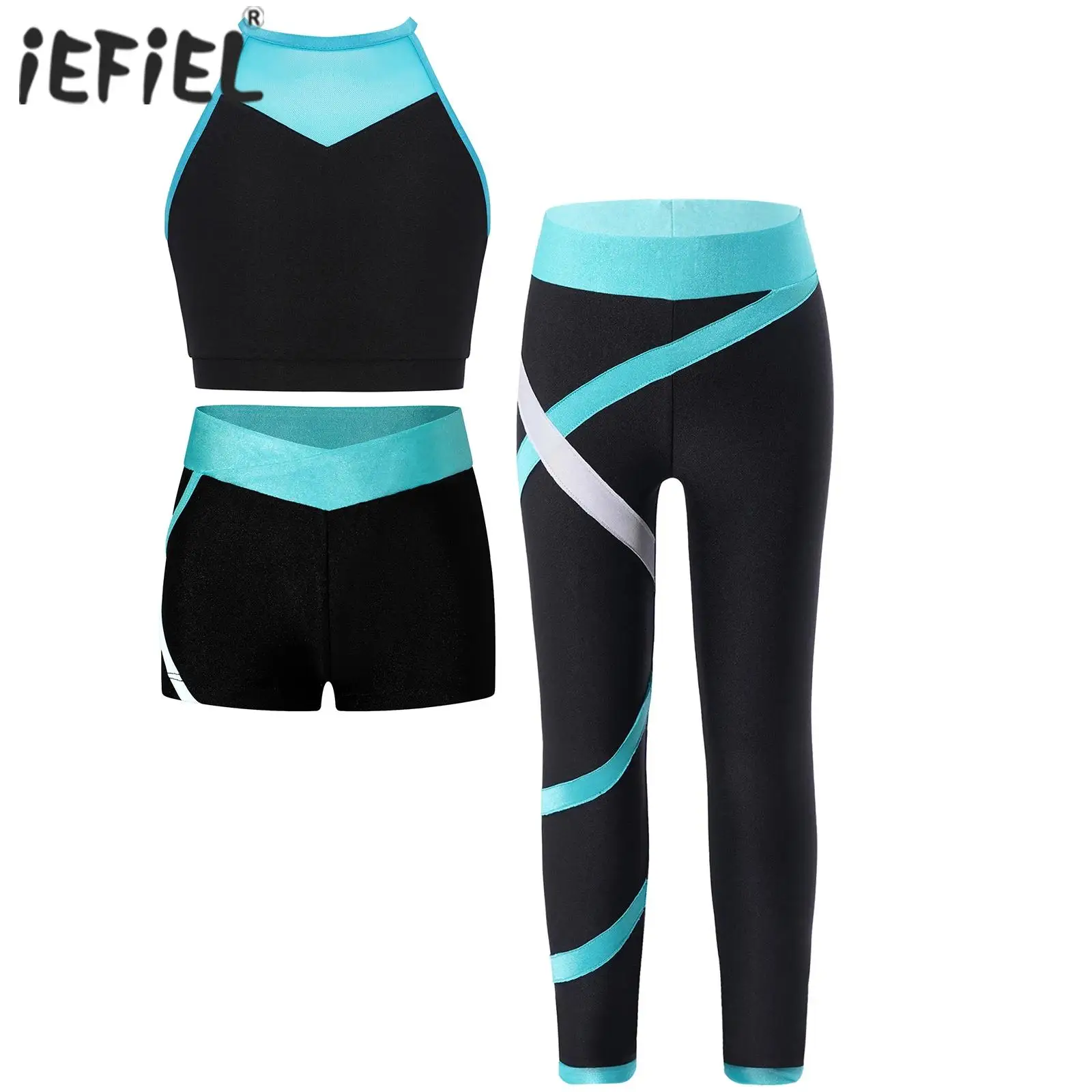 Zestawy do tańca baletowego dla dziewczynek, sportowe stroje gimnastyczne z blokami kolorów, z wycięciem na plecach, koszulka bez rękawów, szorty i legginsy do ćwiczeń i biegania.