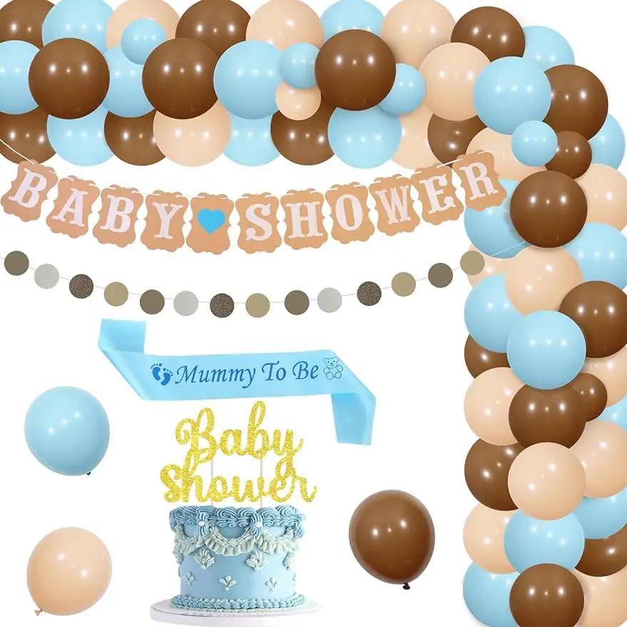 

Baby shower decoration blue brown balloon wreath set banner cake expectant mother belt paper wreath newborn party supplies