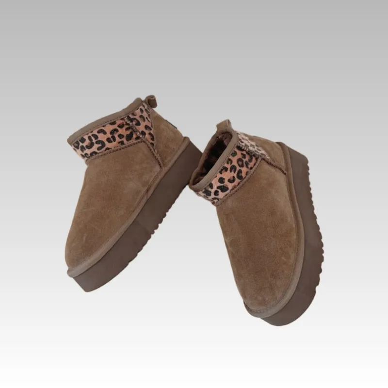 Winter Men Snow Boots Women Ankle Boots Patch leopard print Ultra Mini Platform Lady High Heels Warm Shoes