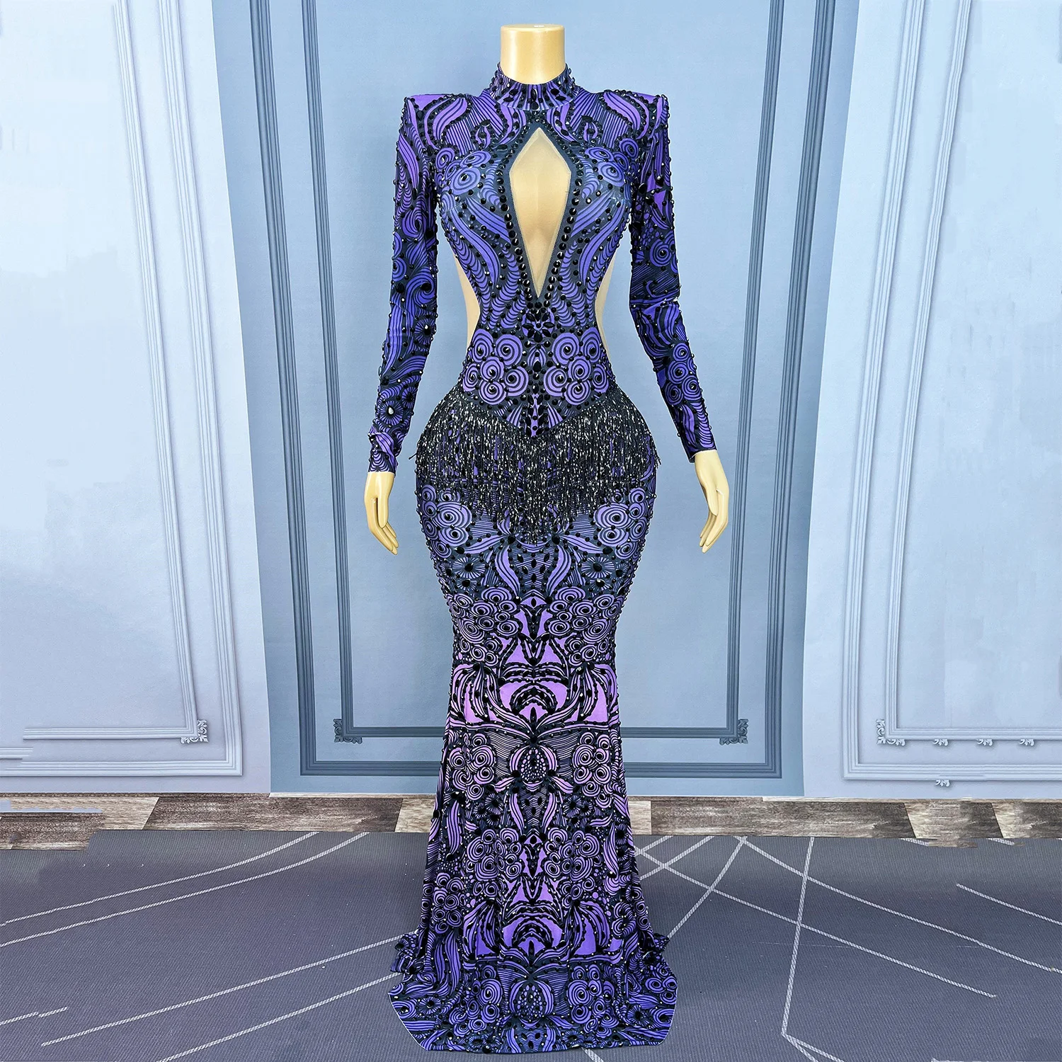 Elegant temperament waist hollow repair and floor length dress Halloween party witch costume dance dress formal evening dress