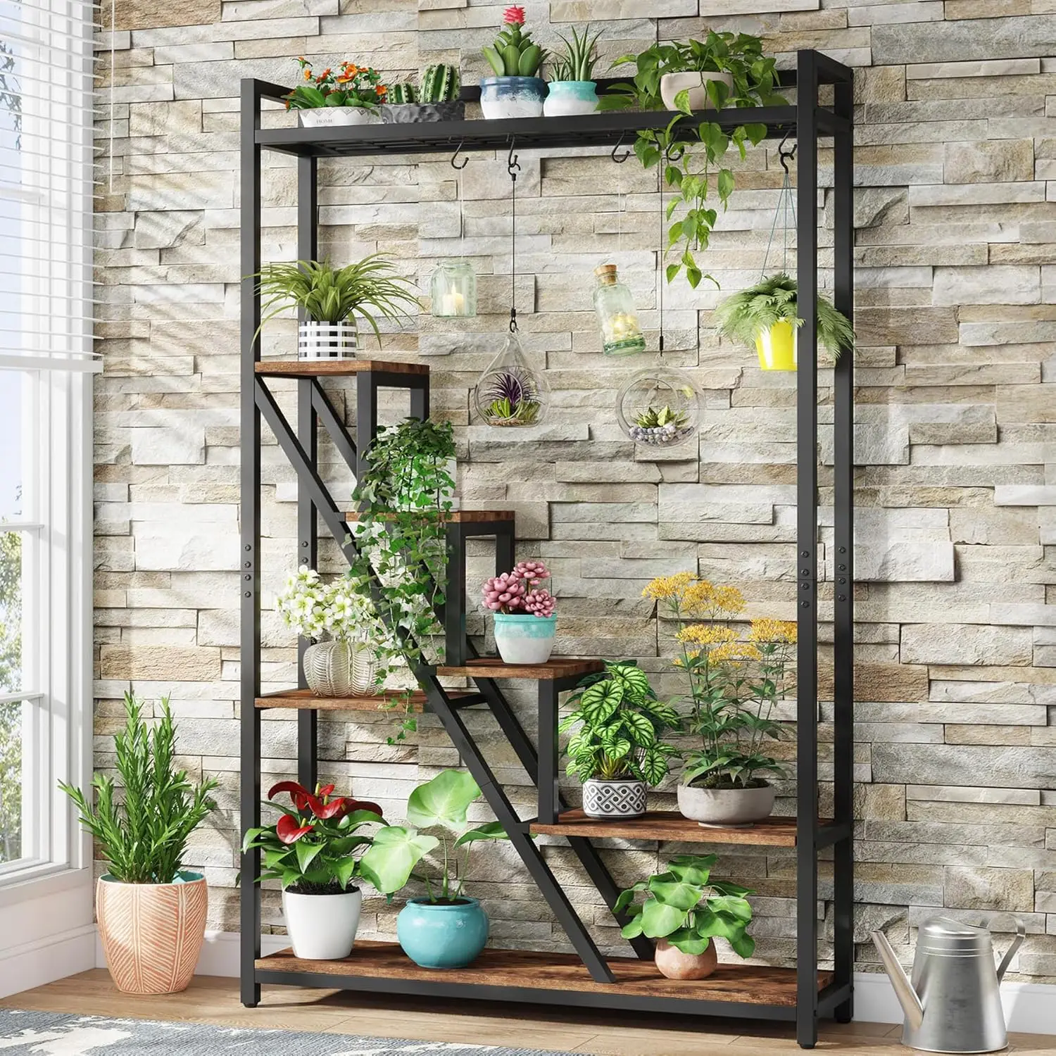 

Indoor Plant Stand, Plant Shelf with 5 S-Hooks, Industrial Flower Stand Display Rack for Indoor, Garden, Balcony, Living Room