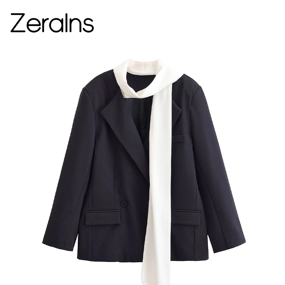 

ZERAINS Winter new women's clothing with shoulder pads lapel collar long sleeves detachable contrasting scarf suit jacket