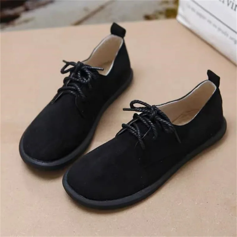 Women Lace-Up Casual Shoes New Round Head Student Sports Shoes Fashion Spring abrasive leather Couple Walking  Flat shoes 35 40