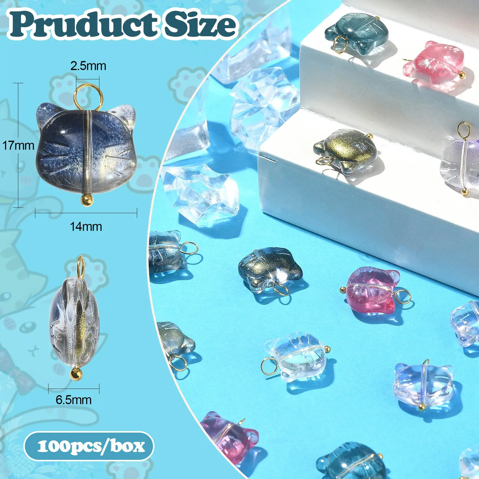 100Pcs 5 Colors Glass Cat Head Pendants Lovely Cat Head Beads with Loop Glass Animal Kitten Charms for Jewelry Earrings Making