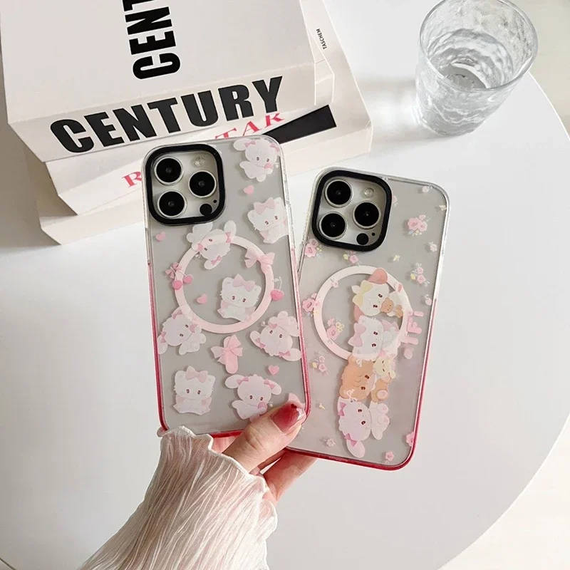 Cute Cartoon Cat Pink Gradient Transparent Border Magnetic IPhone 13 14 15 16 Pro Max Case