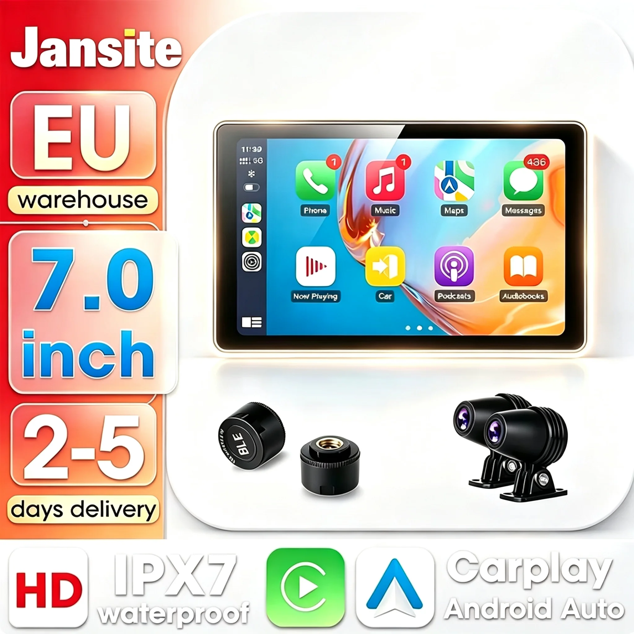 Cruscotto digitale portatile da 7 pollici per moto, display wireless con Carplay e Android Auto, sistema di navigazione GPS per moto con Bluetooth e monitoraggio della pressione dei pneumatici (TPMS),