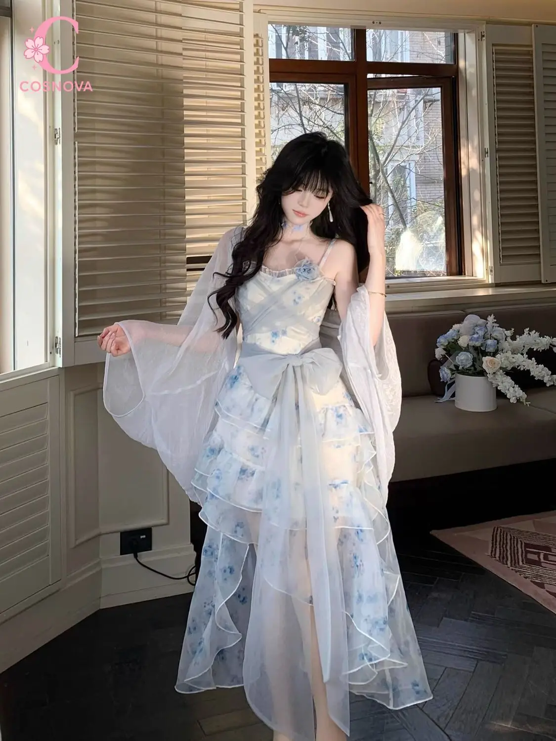 2026 New French Elegant Coquette 2 Piece Dress Set Women Blue Floral Print Mesh Spaghetti Strap Ruffle Hem Bow Waist Party Dress