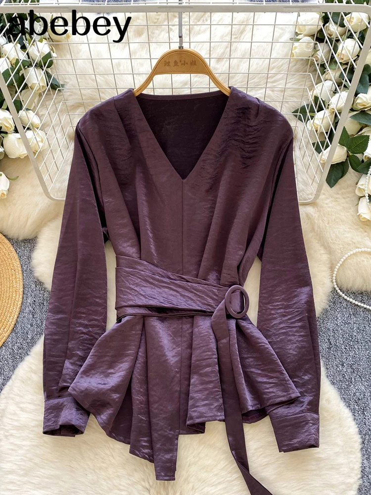 

Новинка 2026, повседневная свободная черная женская рубашка, модные рубашки с v-образным вырезом и длинными рукавами, элегантный классический топ на шнуровке, женская одежда