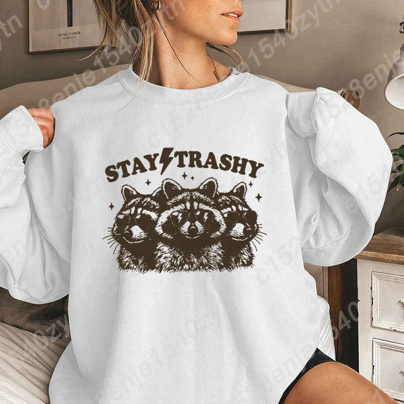 Popular Racoon Stay Trashy Print Pullover Women Fashion Pure Color O Neck Hoodless Sweatshirt Autumn Winter Sweatshirt Plus Size