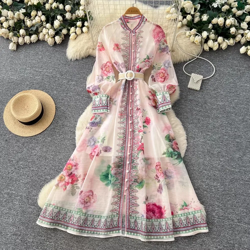 

Spring Gorgeous Flower Long Dress Women's Linen Clothing Shirt Collar Lantern Sleeve Single Breasted Belt Long Robe Vestido