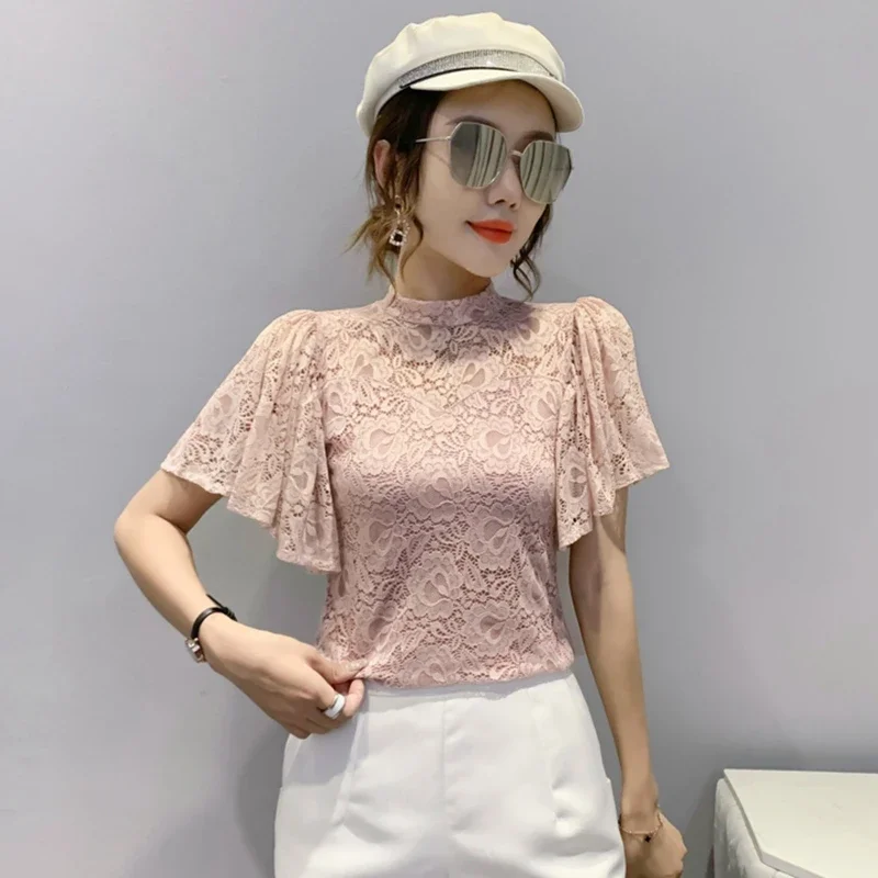 Summer Lace Tops Women 2024 Elegant Fashion Hollow Out Casual Blusas Mujer Korean Style Clothes Flare Sleeve White Black Blouses