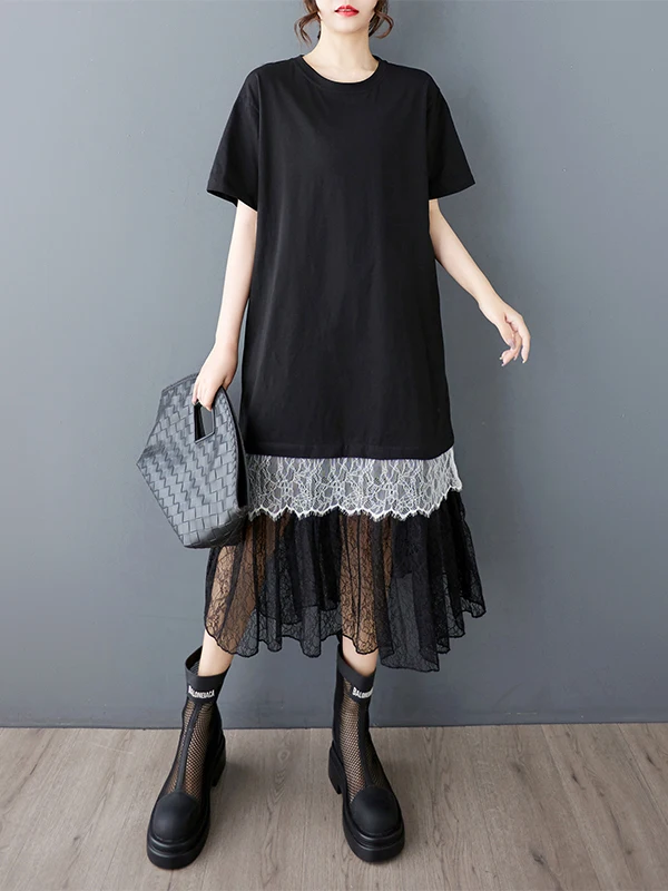 Décontracté ample longue dentelle épissure couleur Blo été coréen Sle femmes Dr haut de gamme Faion Ele a-ligne t-shirt Dr