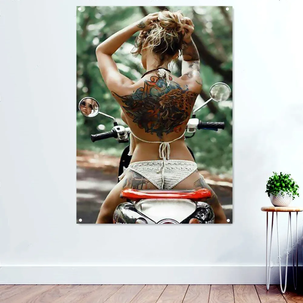 

Hot Tattoo Biker Chicks Motorcycle Posters Home Decor Banners Wall Hanging Flag Canvas Painting Wall Chart For Bedroom Dormitory
