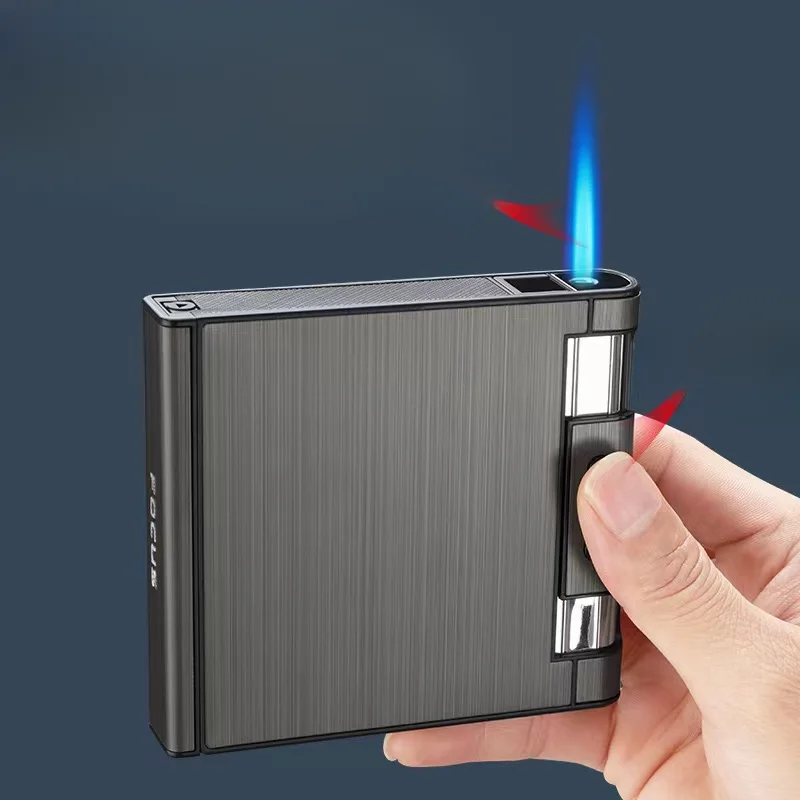 Metal Cigarette Case Lighter Large Capacity Cigarette Case with Inflatable Lighter Can Hold 20 Packs Cigarette Case Men's Gift