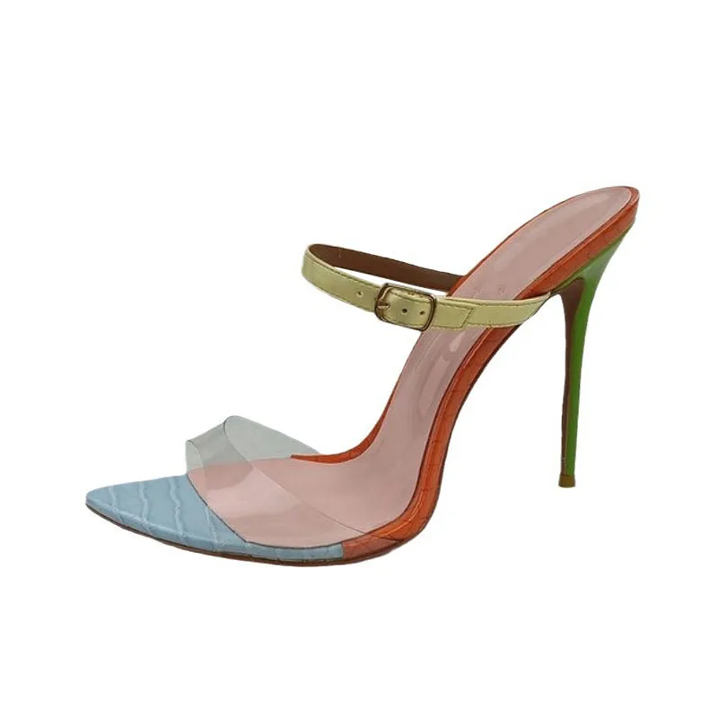 Arden Furtado Summer Transparent PVC Mixed Colors Word slippers pointed Belt buckle Super high heel word-cingulate Mules