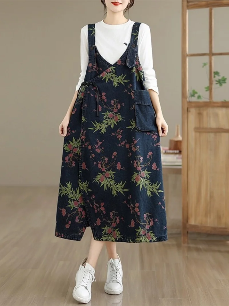 패셔너블하고 트렌디한 프린트 데님 베스트 드레스 여성용 개성 있는 스플릿 타이 루즈하고 스타일리시한 플로럴 스트랩 드레스 w902 ﻿