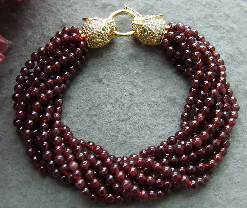 8 Strds natural 4mm Garnet round Bracelet-Zircon clasp