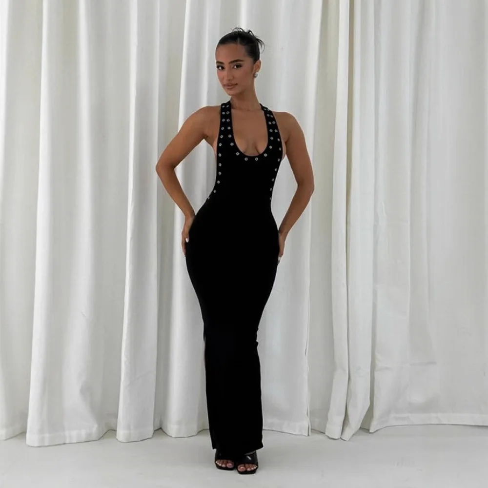 

Personalized Summer Dress Solid Color Fashionable Elegant Street Style Perforated U-neck Waist High Elastic Backless Long Dress