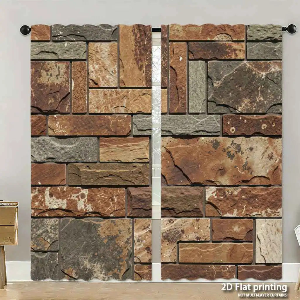 

Rustic Stone Wall Pattern Curtains Drapes Industrial Subway Tile Print Home Decoration for Living Room Window Decor Window Treat