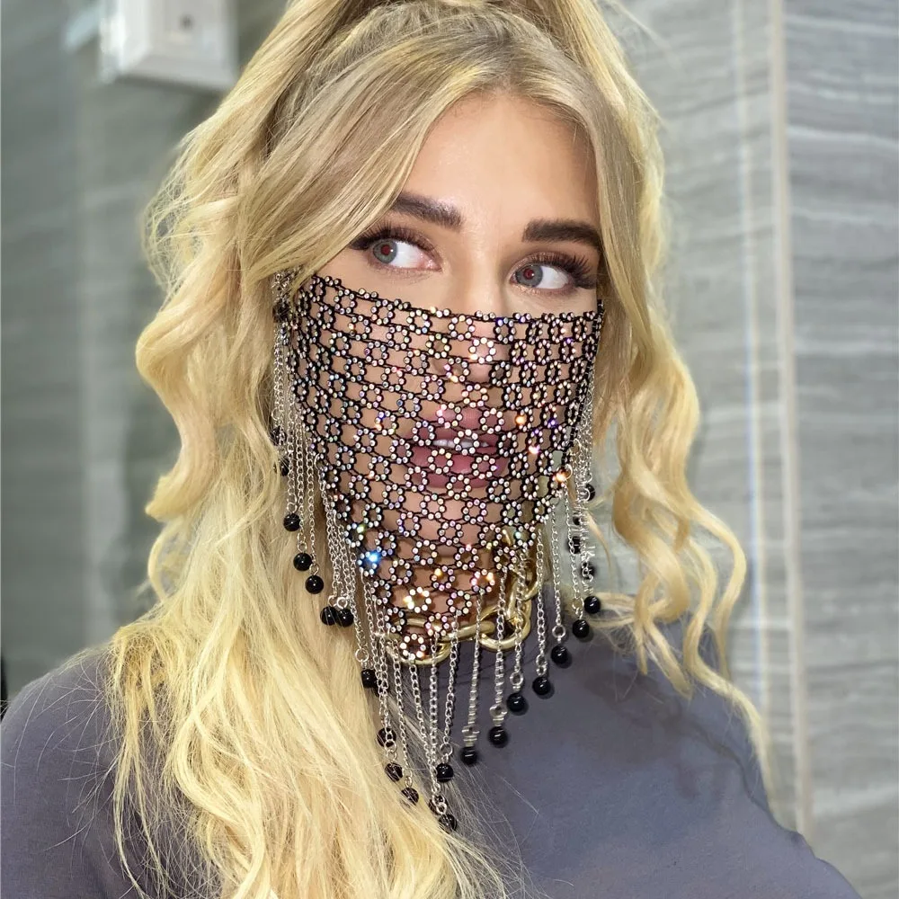 

Fashion Fishing Net Rhinestone Mask Bling Tassel Face Cover Hollow Shining Masquerade Mask Nightclub