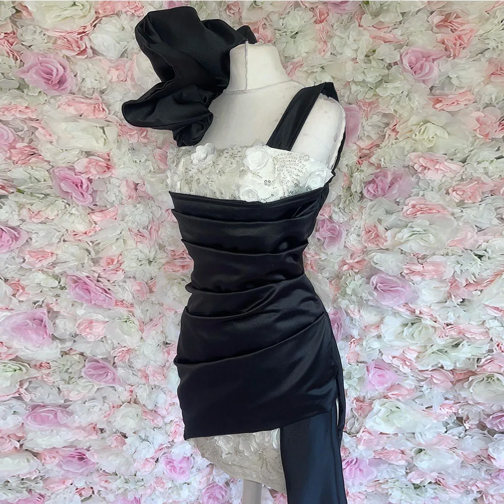 

Customized Mini Short Satin Cocktail Dress Mermaid Cocktail Prom Gown Sleeveless Flowers Straps Wedding Party Gown