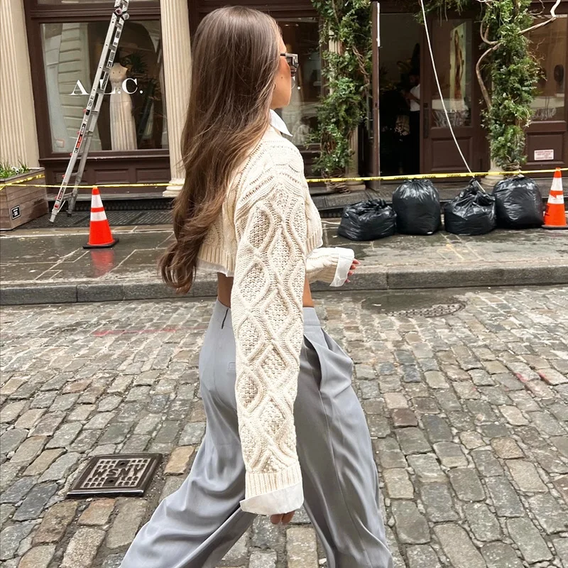 Suéter de punto recortado para mujer, jerséis de manga larga con cuello redondo de Color sólido, Tops casuales de primavera y otoño