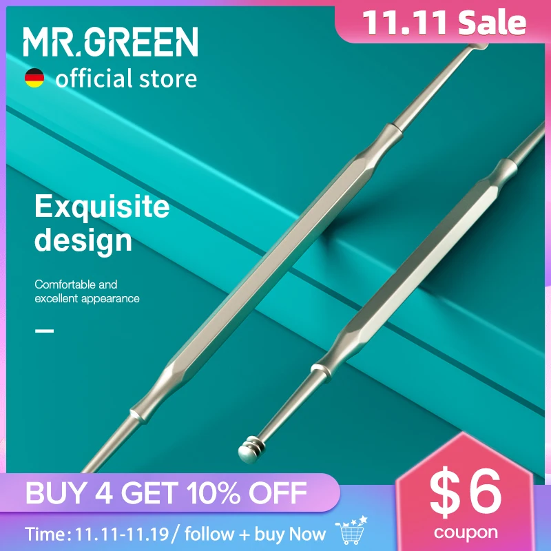 

MR.GREEN Double Head Ear Wax Removal Ear Cleaner Double End Earwax Remover 360° Cleaning Ear Pick Stainless Steel Ear Care Tools