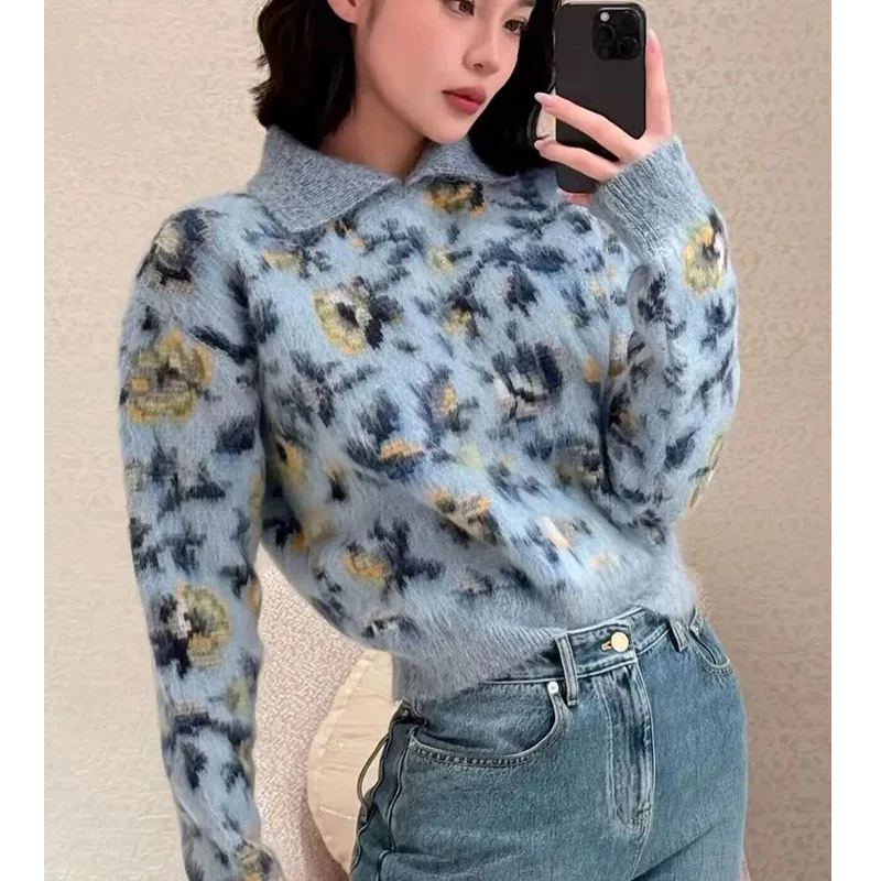 Women Vintage Jacquard Turn-down Collar Pullovers Y2k Chic Short Style Knitted Jumper Autumn Winter New Fashion Warm Sweaters