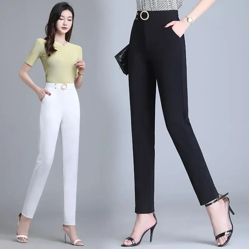 Pantalones rectos elegantes para dama de oficina, pantalones de lápiz coreanos con bolsillos Harem, cintura alta elástica, primavera y verano, N40