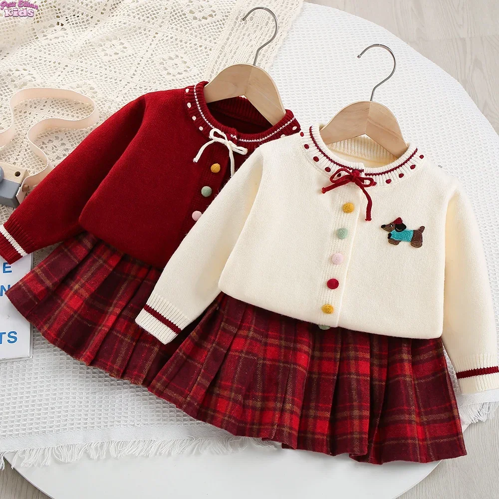 

2-6Y Baby Girl Clothes Knit Cardigan and Plaid Skirt Sets Cartoon Dog Embroidery Colorful Button Sweet School Uniform Outfit